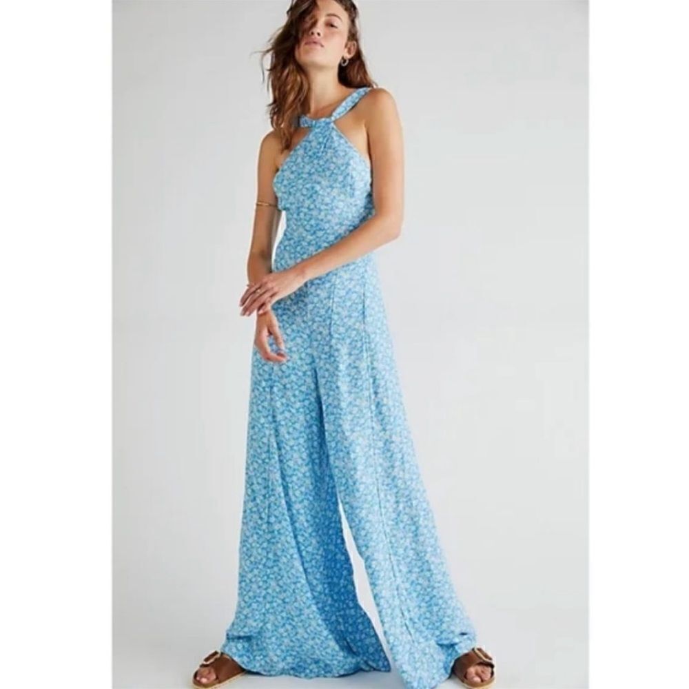 Free People Arlo ice combo blue white floral wide leg Jumpsuit size L